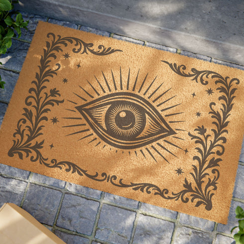 A 24x16 inch rectangular outdoor doormat made of eco-friendly coconut coir with a black vinyl backing. The mat features a central evil eye design radiating with detailed rays and surrounded by swirling ornamental scrollwork and small stars. Designed for witchy home entryways, it offers protection and style for porches, patios, and thresholds.
